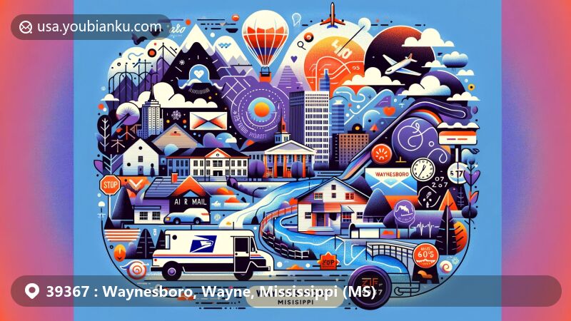 Modern illustration for ZIP code 39367 in Waynesboro, Mississippi, showcasing vibrant postal theme with diverse climate, demographic variety, and postal elements like air mail envelope and postal truck.