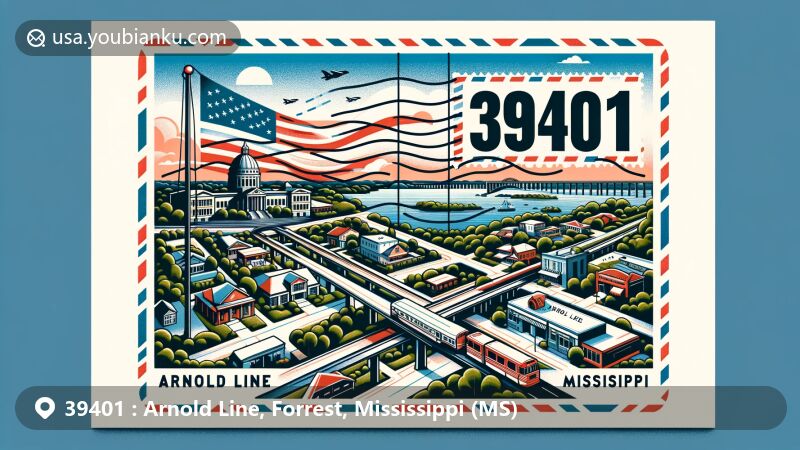 Artistic depiction of Arnold Line, Lamar County, Mississippi, highlighting postal code 39401 with a modern postcard theme, featuring lush greenery and residential areas, showcasing state symbols and Hattiesburg Metropolitan Statistical Area connection.