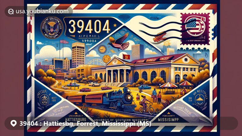 Modern illustration of Hattiesburg, Forrest County, Mississippi, with air mail envelope theme showcasing landmarks like University of Southern Mississippi, Hattiesburg Station, Longleaf Trace, and African American Military History Museum.