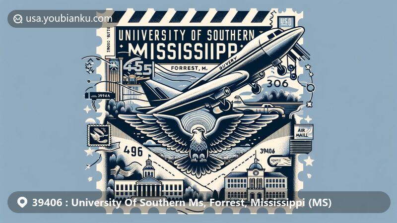 Modern illustration of the University of Southern Mississippi, located in Hattiesburg, Mississippi, showcasing campus landmarks, the Mississippi state flag, and postal elements against an aviation-themed backdrop.