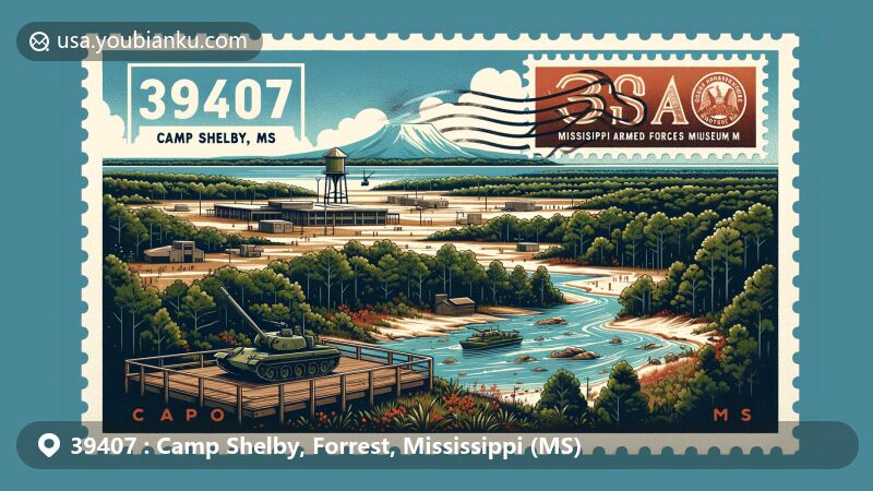 Modern digital illustration of Camp Shelby, Mississippi, with ZIP code 39407, featuring natural scenery and the Mississippi Armed Forces Museum.
