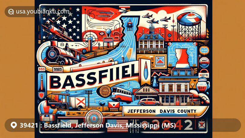 Contemporary illustration of Bassfield, Jefferson Davis County, Mississippi, featuring the state flag and county outline, and showcasing local landmarks with a postal theme and ZIP code 39421.
