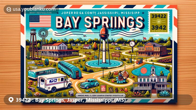 Modern illustration of Bay Springs, Jasper County, Mississippi, representing ZIP code 39422, featuring local culture and landmarks, emphasizing the town's charm, surrounding natural landscapes, and unique historical or cultural elements. The image incorporates postal elements like stamps, postmarks with 39422 ZIP code, and possible mail delivery scenes, highlighting the theme of communication and connection. The vivid and attractive illustration style, using modern techniques, aims to attract viewers, capturing the essence of Bay Springs as a welcoming and picturesque community. The design cleverly integrates elements of Mississippi, such as the state flower or flag, linking the location to its broader regional context, ensuring suitability for website use, both eye-catching and informative.