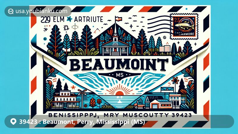 Modern illustration of Beaumont, Mississippi, showcasing ZIP code 39423, Perry County, with the outline of Mississippi state and Perry County, featuring DeSoto National Forest's pine forests, Lake Perry for camping, and postal elements like stamps and air mail stripe.