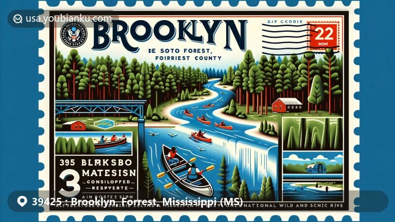 Modern illustration of Brooklyn, Forrest County, Mississippi, highlighting De Soto National Forest, Black Creek for kayaking and canoeing, and local history with railroad and logging industry connections.