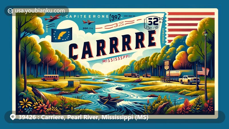 Modern illustration of Carriere, Mississippi, highlighting rural charm and natural beauty with lush forests, creeks, and hills, featuring vintage postcard theme with ZIP code 39426 and local businesses.