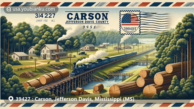 Modern illustration of Carson, Jefferson Davis County, Mississippi, featuring postal theme with ZIP code 39427, highlighting historical landmarks, including sawmills, post office, railroad connections, and airmail envelope.
