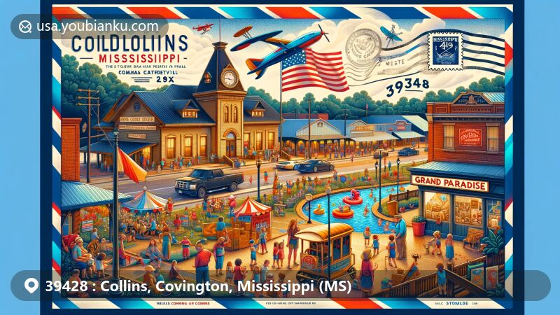 Modern illustration of Collins, Mississippi, showcasing community spirit and historical roots, with Collins depot and Okatoma Festival, featuring Grand Paradise Water Park and Hot Coffee neighborhood.