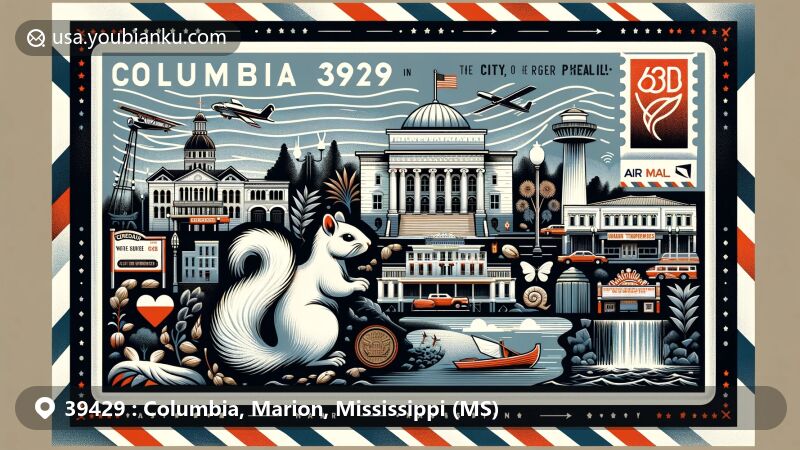 Modern illustration of Columbia, Marion County, Mississippi, featuring postal code 39429 with vintage air mail envelope, showing iconic symbols like Marion Theater and white squirrels, and highlighting the Pearl River.