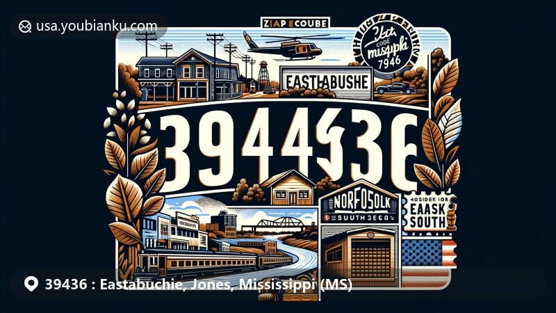 Modern illustration of Eastabuchie, Mississippi, highlighting scenic beauty and postal theme with ZIP code 39436, incorporating Leaf River and Norfolk Southern Railway.
