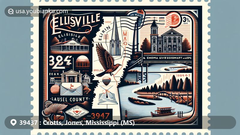 Modern postcard illustration of Ellisville and Jones County, Mississippi, showcasing local landmarks like Lauren Rogers Museum of Art and Central Grove Missionary Baptist Church, with a stylized map of Jones County and Okatoma Creek in the background.