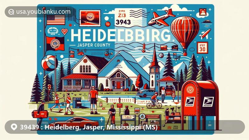 Modern illustration of Heidelberg, Jasper County, Mississippi, capturing the essence of ZIP code 39439 with a charming small-town atmosphere, featuring hiking in pine forests, local events, sports activities, and unique restaurants and shops, incorporating elements of Mississippi state and postal symbols.