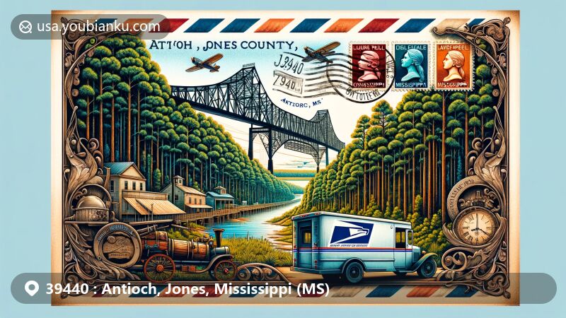 Modern illustration of Antioch, Jones County, Mississippi, blending natural scenery with postal themes, featuring vintage air mail envelope and piney woods of Laurel area, highlighting Biloxi Bay Bridge.