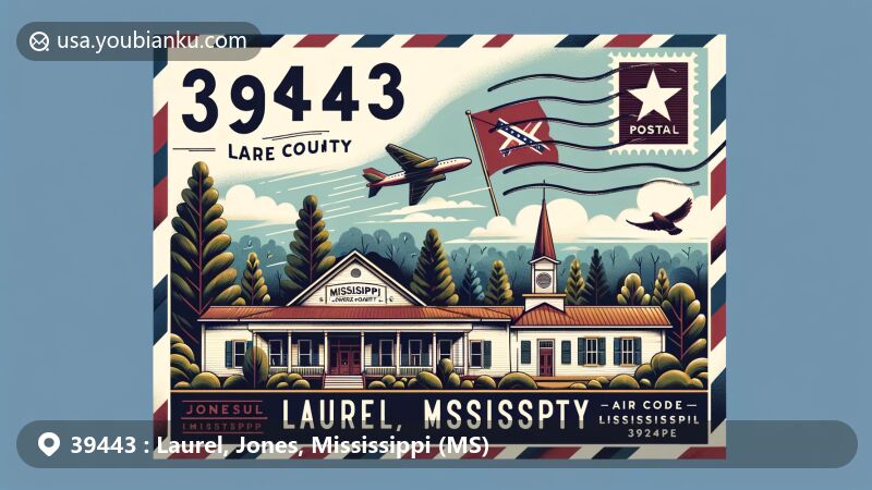 Modern illustration of Laurel, Jones County, Mississippi, with postal theme showcasing ZIP code 39443, featuring state flag, postal elements, and piney woods region.