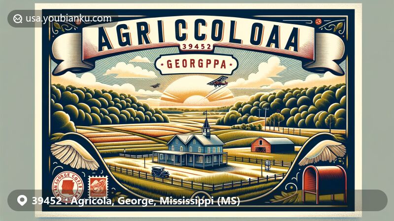 Modern illustration of Agricola, George County, Mississippi, capturing the essence of rural charm and education focus, featuring Agricola Elementary School amidst lush greenery and vintage postal theme with ZIP code 39452.