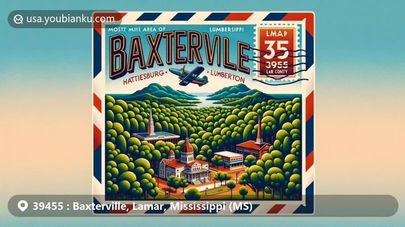 Modern illustration of Baxterville and Lumberton area, Lamar County, Mississippi, highlighting Hattiesburg-Laurel region with lush greenery, local landmarks, and postal motifs like vintage air mail envelope and ZIP code 39455.