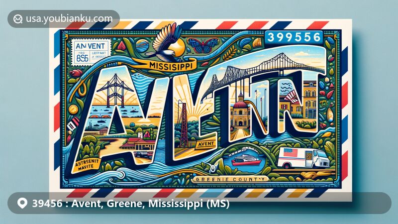 Creative illustration of Avent, Greene County, Mississippi, with ZIP code 39456, featuring artistic postcard design incorporating Mississippi's cultural and geographical elements.