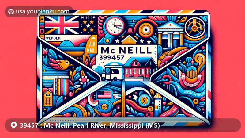 Modern illustration of Mc Neill, Mississippi, representing ZIP code 39457, featuring creative and decorative airmail envelope with state flag, Pearl River county outline, and iconic Mc Neill post office. The design integrates postal themes like stamps, mail trucks, and prominent display of '39457'. It aims to evoke local heritage and postal traditions, set against a backdrop hinting at the natural beauty of the Mississippi Gulf Coast region.