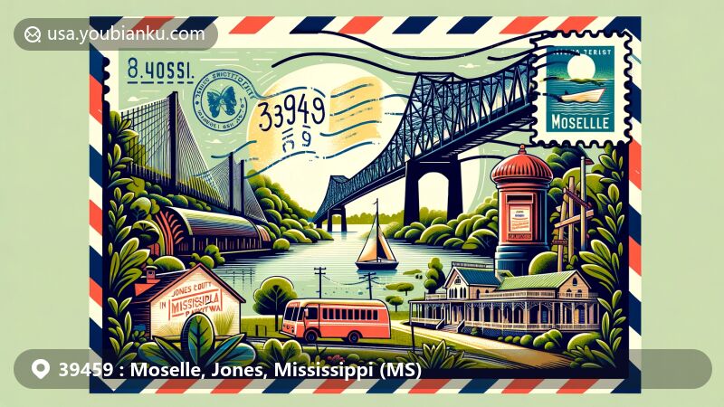 Modern illustration of Moselle, Jones County, Mississippi, featuring the Biloxi Bay Bridge and Natchez Trace Parkway, intertwined with postal elements like stamps and a postmark with ZIP code 39459.