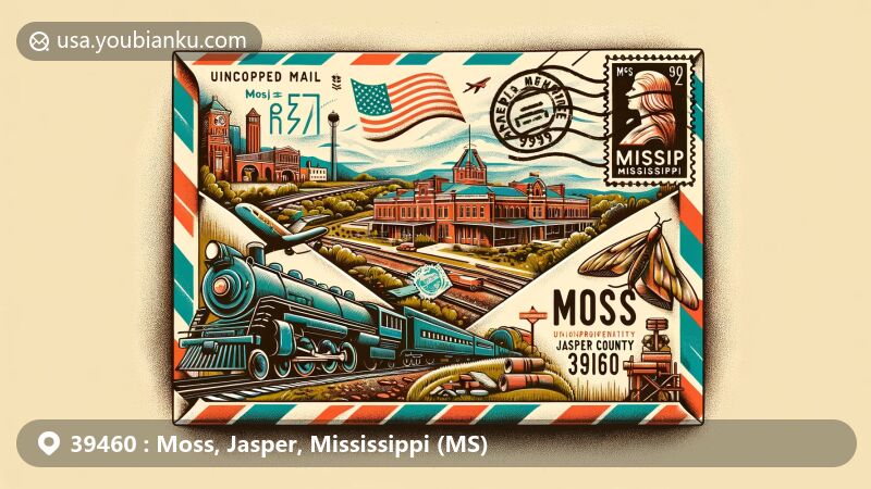 Modern illustration of Moss, Jasper County, Mississippi, with a postal theme including vintage air mail elements, postmark 'Moss, MS 39460,' and a stamp with regional landmark, reflecting Gulf, Mobile, and Ohio Railroad history, and Mississippi state symbols.