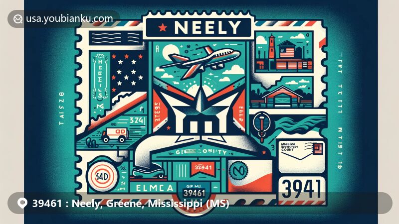 Modern illustration of Neely, Greene County, Mississippi, showcasing postal theme with ZIP code 39461, featuring state flag and symbolic elements.