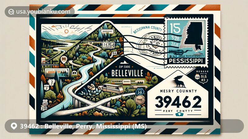 Modern wide-format illustration of Belleville, Perry County, Mississippi, blending regional symbols with postal themes, featuring De Soto National Forest and Black Creek Wilderness.