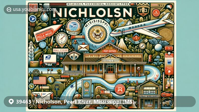 Modern illustration of Nicholson, Pearl River County, Mississippi, incorporating postal theme with ZIP code 39463, featuring local post office, lush greenery, and cultural elements, designed for web display.