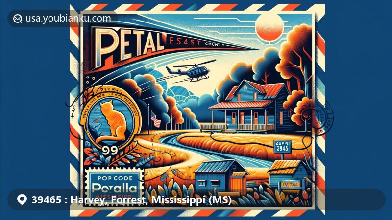 Modern illustration of Petal, Mississippi, showcasing ZIP code 39465, featuring vintage air mail envelope with colorful postage stamp and postmark, embodying the area's postal heritage and regional characteristics.