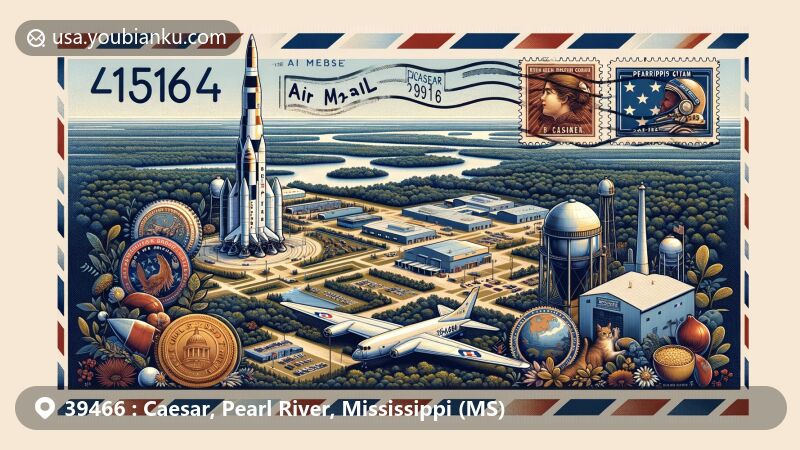 Modern illustration of Caesar, Pearl River County, Mississippi, resembling an airmail envelope with ZIP code 39466, featuring Stennis Space Center and local flora against lush landscapes.