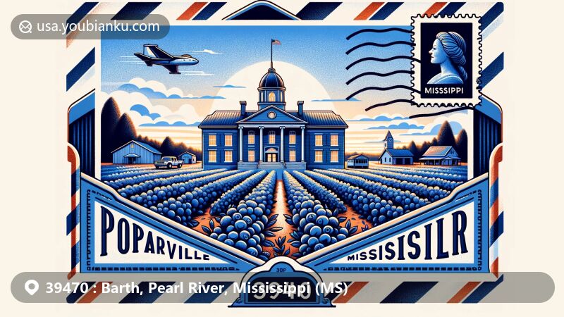 Modern illustration of Poplarville, Pearl River County, Mississippi, featuring 'Blueberry Capital' theme with ZIP code 39470, showcasing lush blueberry farms, historic courthouse, and Pearl River Community College symbol.