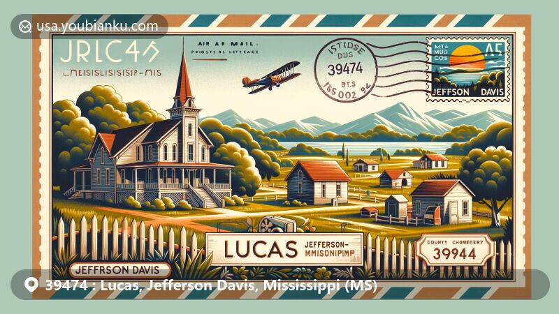 Modern illustration of Lucas, Jefferson Davis, Mississippi, highlighting local attractions including the Holloway-Polk house, Lake Jeff Davis, and Mt. Zion Church and Cemetery with a postal theme for ZIP code 39474.