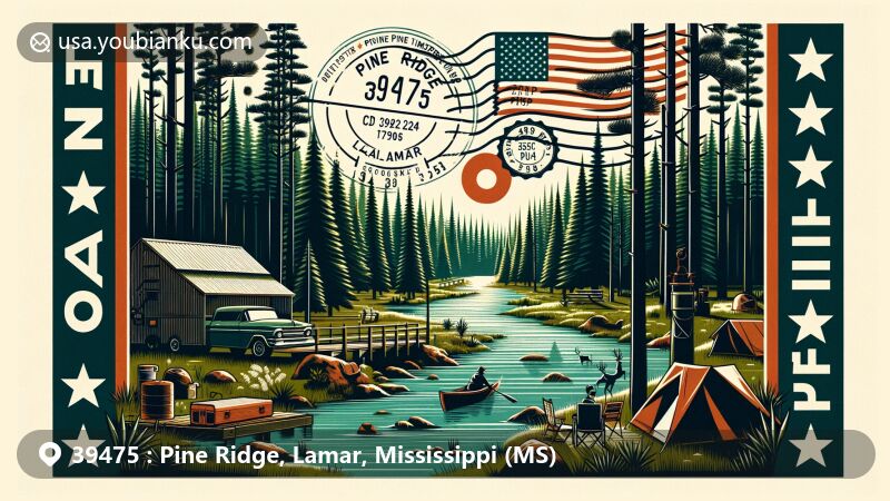 Modern illustration of Pine Ridge, Lamar, Mississippi, featuring ZIP code 39475 and showcasing the area's natural beauty and postal theme with Mississippi state flag, deer, turkey, pine forests, creek, hiking, camping, vintage post stamp, postal mark, metal shed, and gravel pit lake.