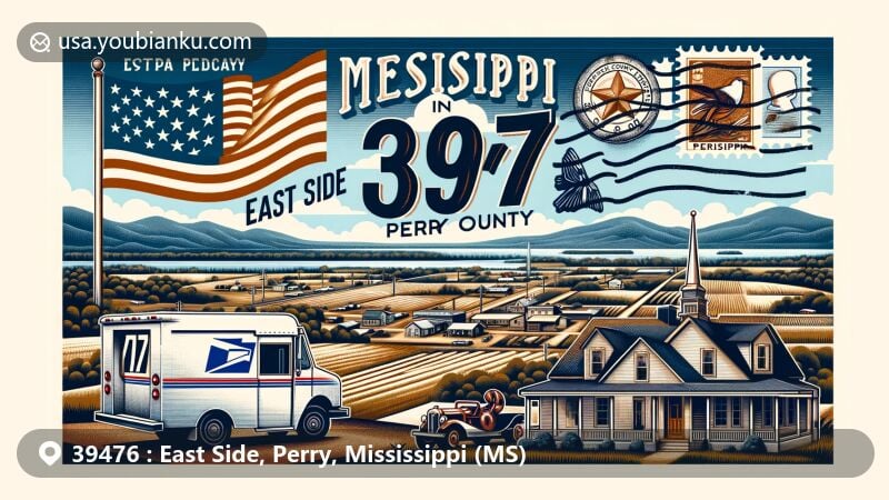 Modern illustration of Perry County, Mississippi, highlighting postal theme with ZIP code 39476, featuring typical town scenery and natural landmarks, subtly incorporating the Mississippi state flag.