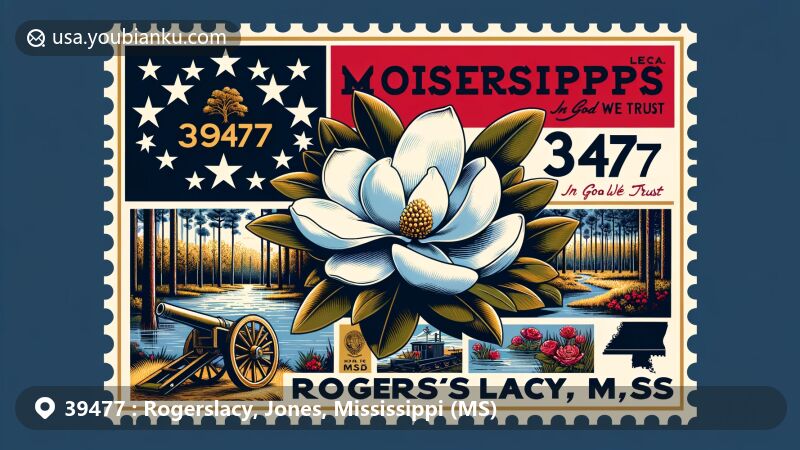 Vibrant illustration of Rogerslacy, Jones County, Mississippi, featuring ZIP code 39477 and iconic state flag with magnolia blossom and historical Civil War elements.