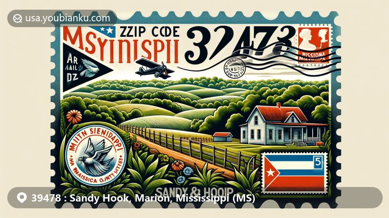 Modern illustration of Sandy Hook, Marion County, Mississippi, showcasing lush green vegetation, rolling hills, historical landmark John Ford Home, and a postal theme with vintage air mail envelope and stamps.