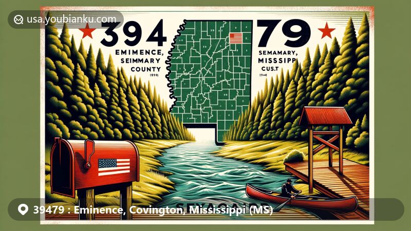 Modern illustration of Eminence, Seminary, Covington County, Mississippi, featuring Okatoma Creek, Covington County outline, Piney Woods, vintage post stamp with Mississippi state flag, and classic red mailbox, all highlighting local culture and geography.