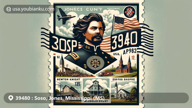 Modern illustration of Soso, Jones County, Mississippi, representing ZIP code 39480, featuring Newton Knight symbolizing leadership during the Civil War, symbols of resilience like rebuilt homes and churches after tornado damage, lush Mississippi greenery, vintage postcard elements, and the Mississippi state flag stamp.