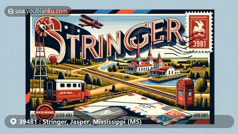 Modern illustration of Stringer, Jasper County, Mississippi, capturing rural charm and Mississippi symbols with a vintage air mail envelope showcasing ZIP code 39481.