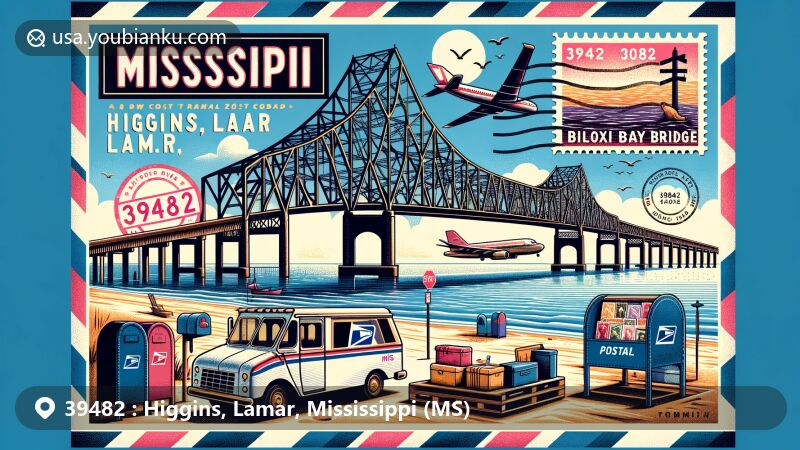 Modern illustration of Biloxi Bay Bridge in Lamar, Mississippi, representing ZIP code 39482 with a creative postal theme, including airmail border, vintage stamps, and postal mark.