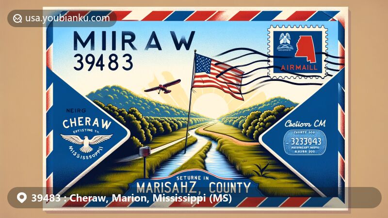 Modern illustration of Cheraw, Marion County, Mississippi, featuring airmail envelope with ZIP code 39483, Natchez Trace Parkway, and Mississippi state flag.