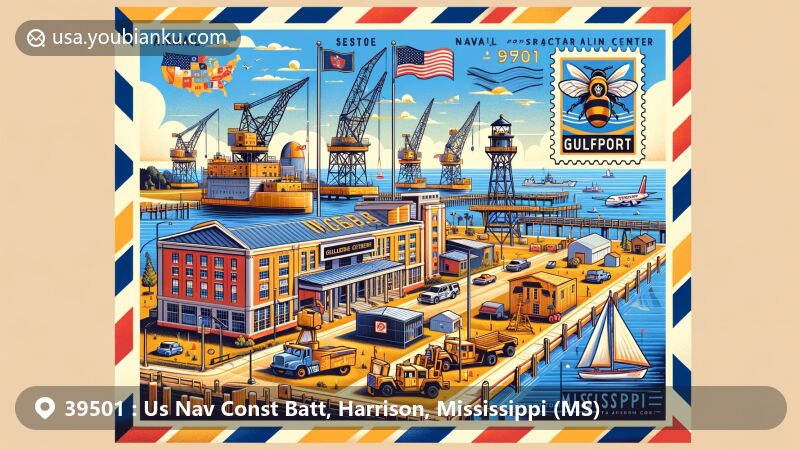 Modern illustration of Naval Construction Battalion Center Gulfport in Harrison County, Mississippi, featuring Seabees symbols, state flag, postal elements, and ZIP code 39501.