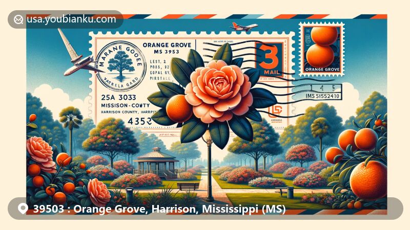 Modern illustration of Orange Grove, Harrison County, Mississippi, centered around ZIP code 39503, featuring iconic Orange Grove Library Camellia Garden and symbolic camellia flowers, post-Hurricane Katrina resilience, and agricultural heritage.