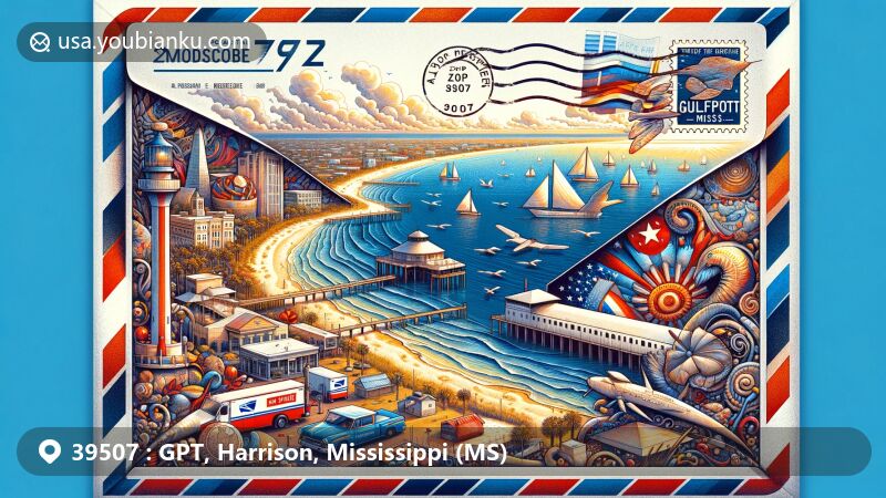 Modern illustration of Gulfport, Harrison County, Mississippi, featuring vibrant coastal scene with Gulf of Mexico beaches, Gulfport lighthouse, and symbols of resilience, surrounded by postal elements like vintage stamps and a postal truck.