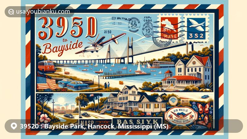 Modern illustration of Bayside Park, Hancock County, Mississippi, featuring white sand beaches, Bay St. Louis Bridge, and a vibrant community atmosphere with vintage postal elements and ZIP code 39520.