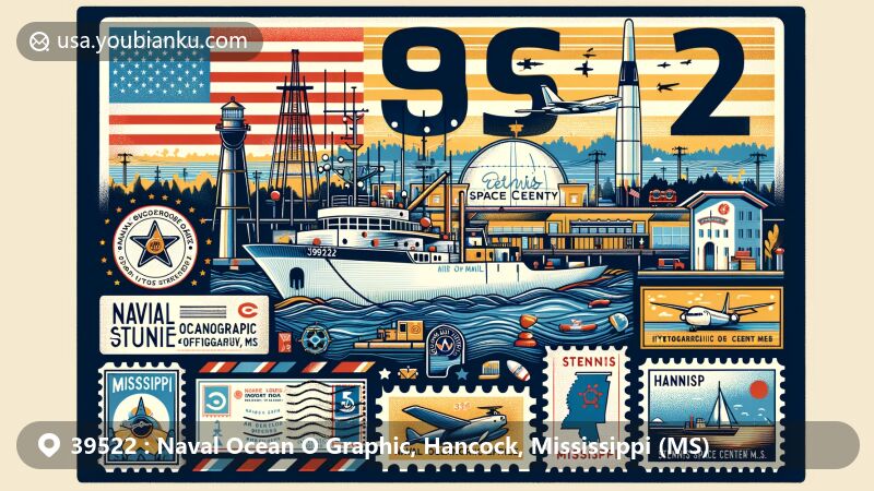 Modern illustration of Hancock County, Mississippi, highlighting ZIP code 39522, featuring Naval Oceanographic Office and Stennis Space Center, incorporating state flag and postal elements.