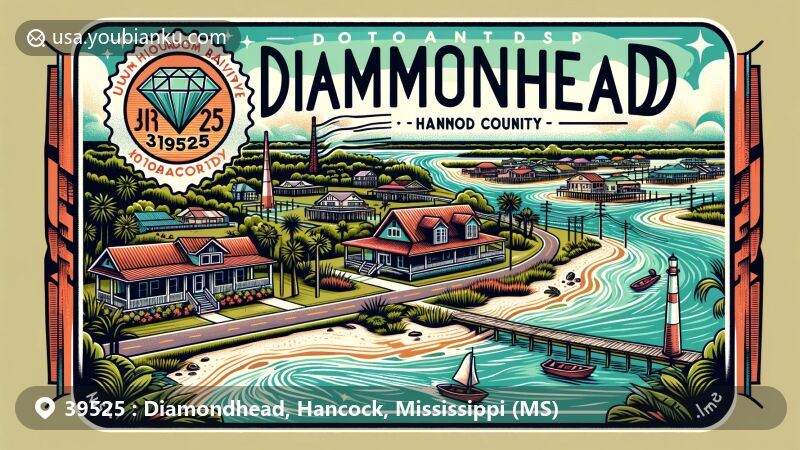 Modern illustration of Diamondhead, Mississippi, highlighting Jourdan River and Rotten Bayou landscapes, Hawaiian-style architecture, and postal theme with ZIP code 39525.