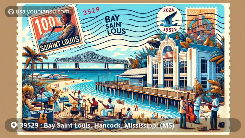 Modern illustration of Bay Saint Louis, Mississippi, featuring Gulf Coast beaches, 100 Men DBA Hall with murals of Etta James and Otis Redding, Bay St. Louis Bridge, and lush greenery. Vintage postcard style with ZIP code 39529 and postal elements.