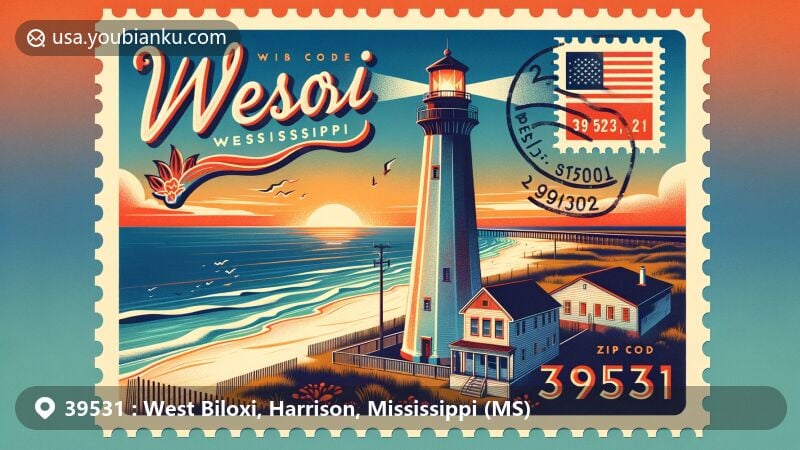 Modern illustration of West Biloxi, Harrison County, Mississippi, featuring Biloxi Lighthouse against a sunset backdrop, with postal elements like vintage stamp and ZIP code 39531, showcasing coastal charm and resilience.