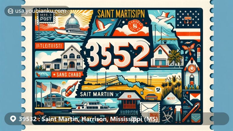 Modern illustration of Saint Martin, Harrison County, Mississippi, showcasing postal theme with ZIP code 39532, featuring Mississippi state silhouette, Gulf Coast landmarks, vintage postcard design, and community symbols.