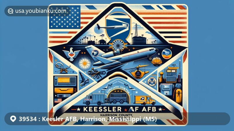 Modern illustration of Keesler AFB, Harrison County, Mississippi, featuring air mail envelope symbolizing military-postal fusion, showcasing 81st Training Wing emblem, WC-130 aircraft, and 85th Engineering Installation Squadron's role.